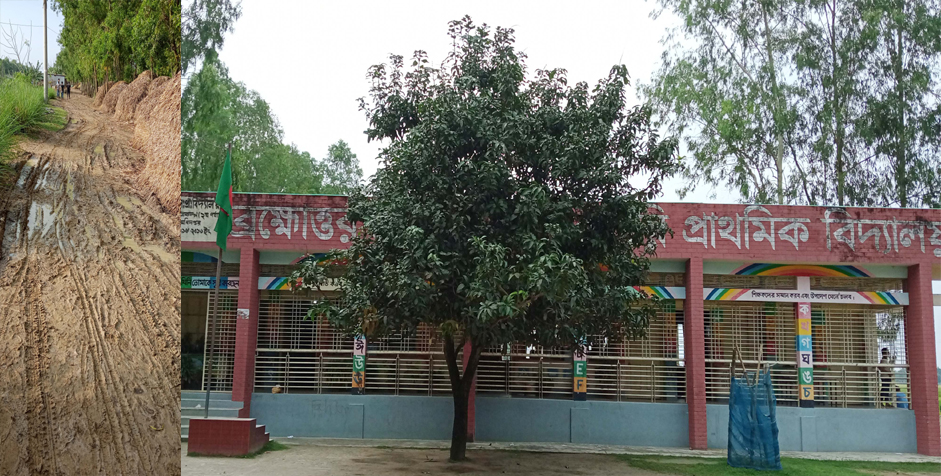পার্বতীপুরে ব্রক্ষোত্তর সোনাপুকুর সরকারি প্রাথমিক বিদ্যালয়ের রাস্তার বেহাল অবস্থা