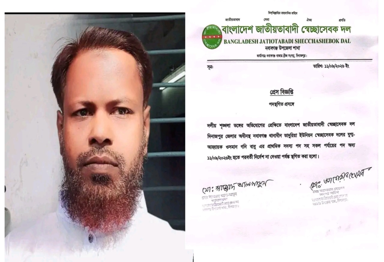 মাদক ব্যবসায়ীকে শেল্টার দেওয়ার অভিযোগে স্বেচ্ছাসেবক দল নেতার পদ স্থগিত